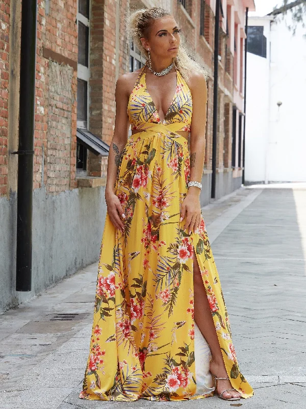 Floral Split Thigh Sleeveless Halter Slit High Waist Maxi Womens Dress Geometric