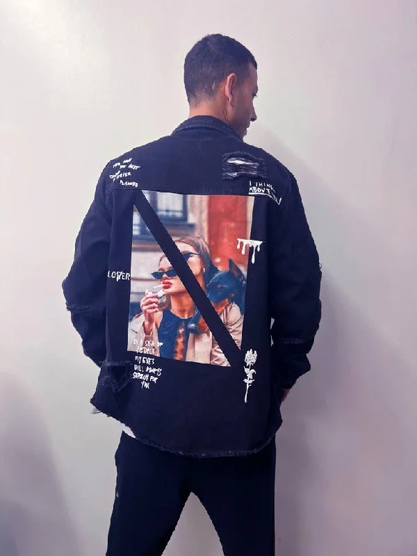 Men's Jean jacket with graphics, Black M4000 Polished Women's Silk