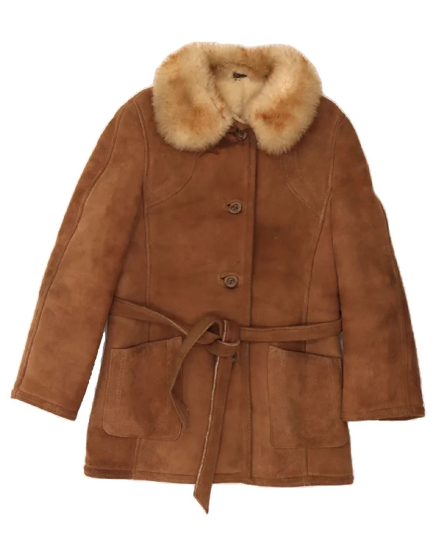 VINTAGE Womens Shearling Jacket UK 12 Medium Brown Sheepskin Cozy Women's Winter