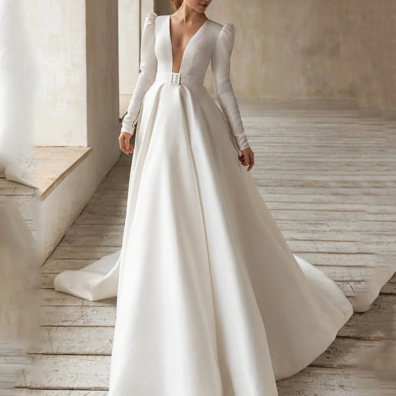 Elegant Solid Color Long Sleeve Deep V Neck High Waist Satin Dresses Wholesale Dresses Elegant Women's Elegant Solid Color Long Sleeve Deep V Neck High Waist Satin Dresses Wholesale Dresses Elegant Women's