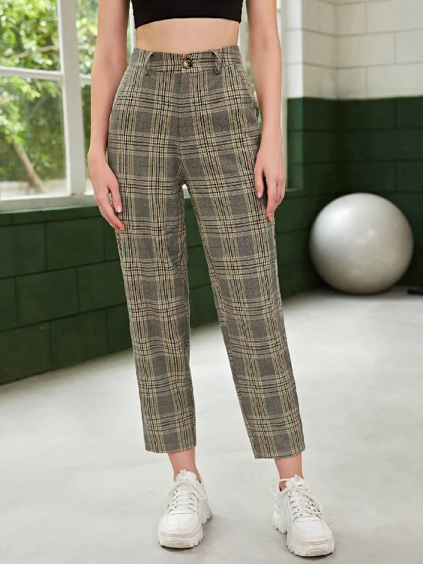 Preppy Plaid Zipper High Waist Cropped Women Pants Refined Women's Velvet