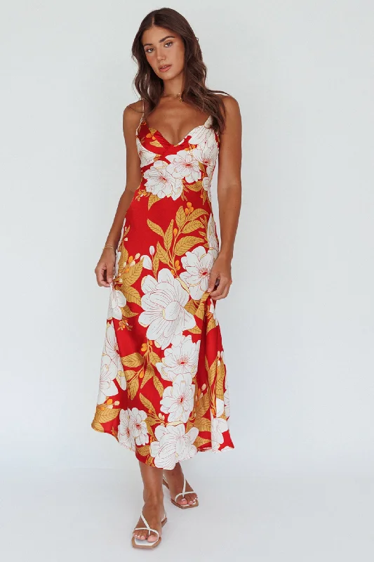 Infinity Pintuck Bust Midi Dress Flower Red Stylish Women's Neon