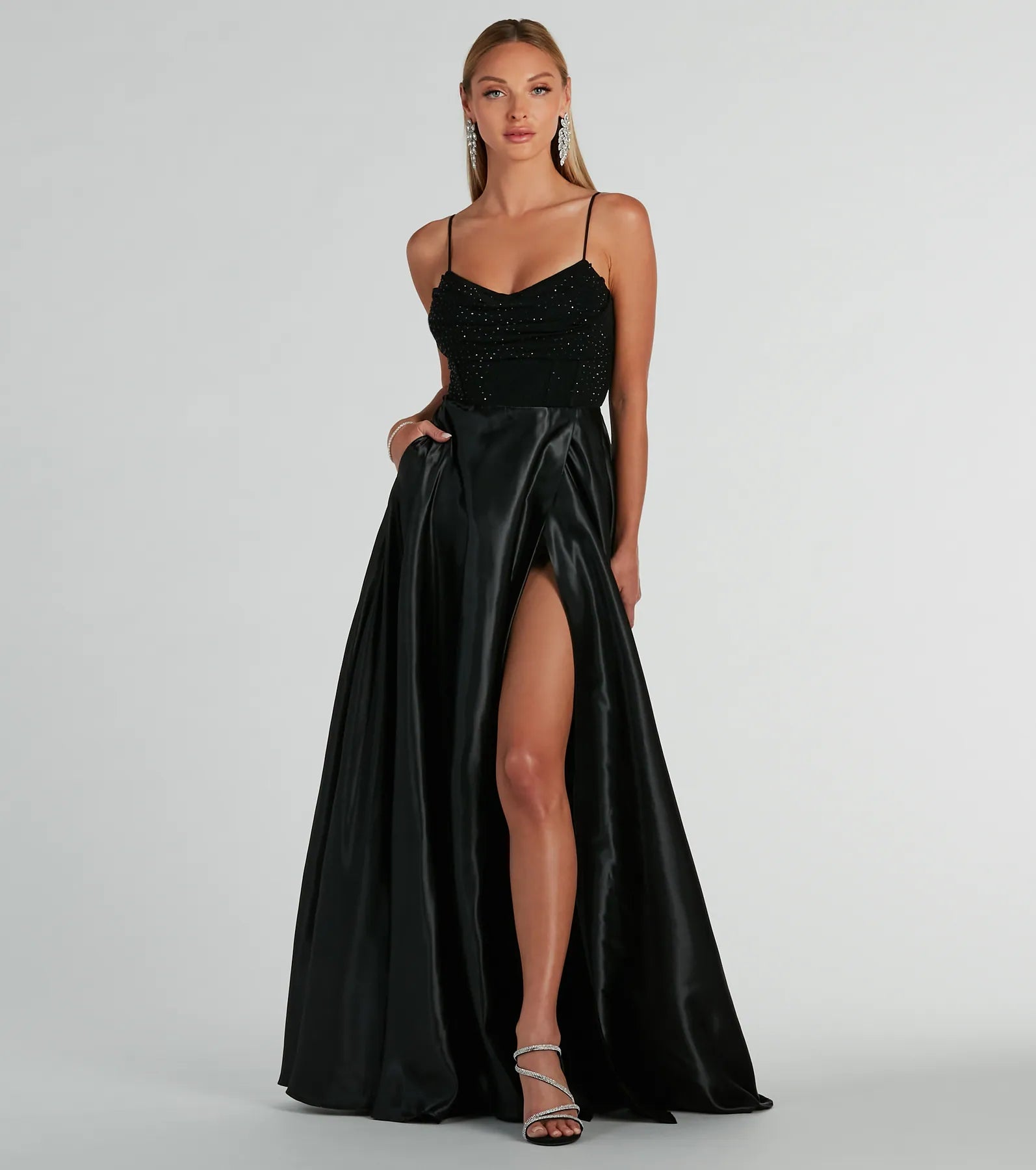 Ammara Cowl Neck Slit A-Line Satin Formal Dress Monochromatic All - in - one