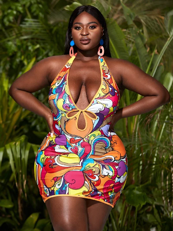 Boho Graphic Halter Plus Size Tankini Hip Women's Urban