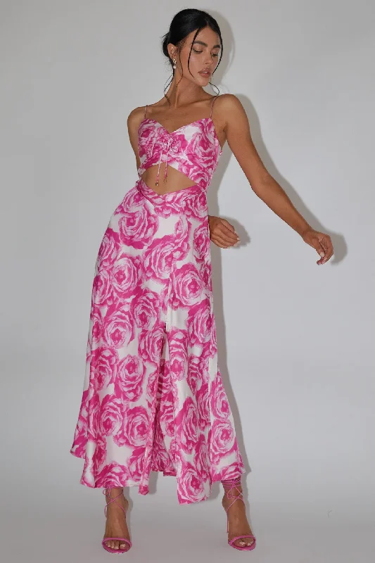 Twin Flame Drawstring Bust Midi Dress Floral Pink Disco