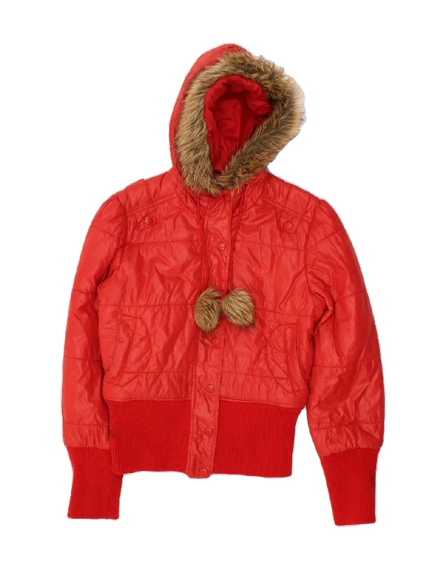 ROXY Womens Hooded Padded Jacket UK 12 Medium Red Polyamide Business
