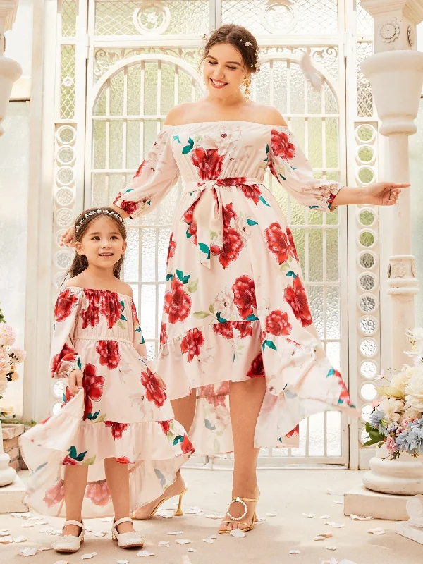 Boho Floral Ruffle Hem Long Sleeve Off The Shoulder Asymmetrical High Waist Long Plus Size Dress Streetwear Style for Boho Floral Ruffle Hem Long Sleeve Off The Shoulder Asymmetrical High Waist Long Plus Size Dress Streetwear Style for