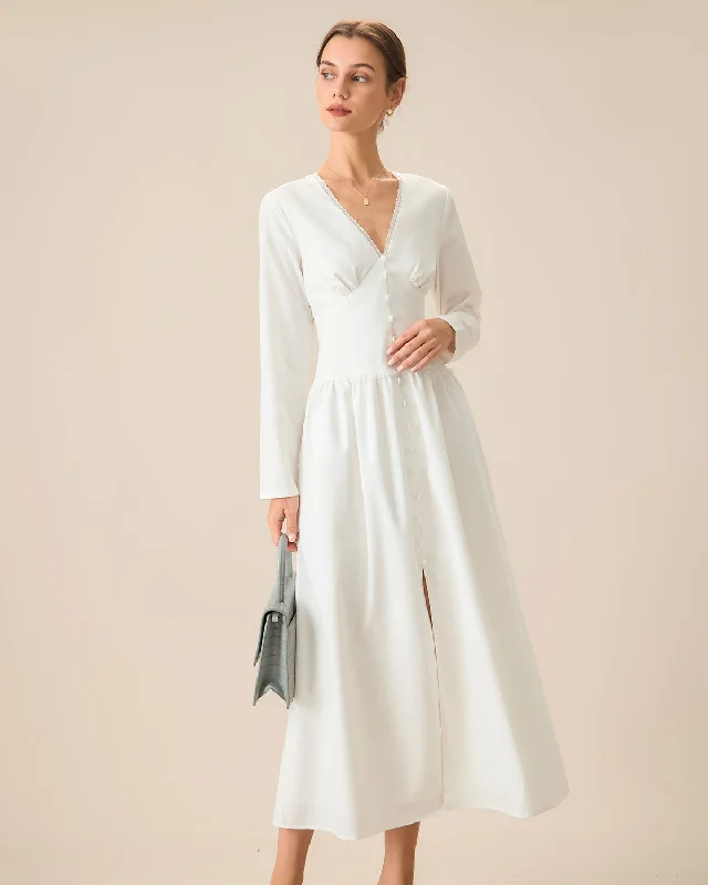 White Ruched Button Maxi Dress Cool Women's Distressed