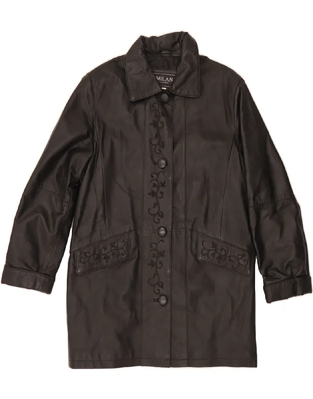 VINTAGE Womens Milan Leather Coat UK 12 Medium Black Paisley Leather Artistic Women's Hand - painted VINTAGE Womens Milan Leather Coat UK 12 Medium Black Paisley Leather Artistic Women's Hand - painted