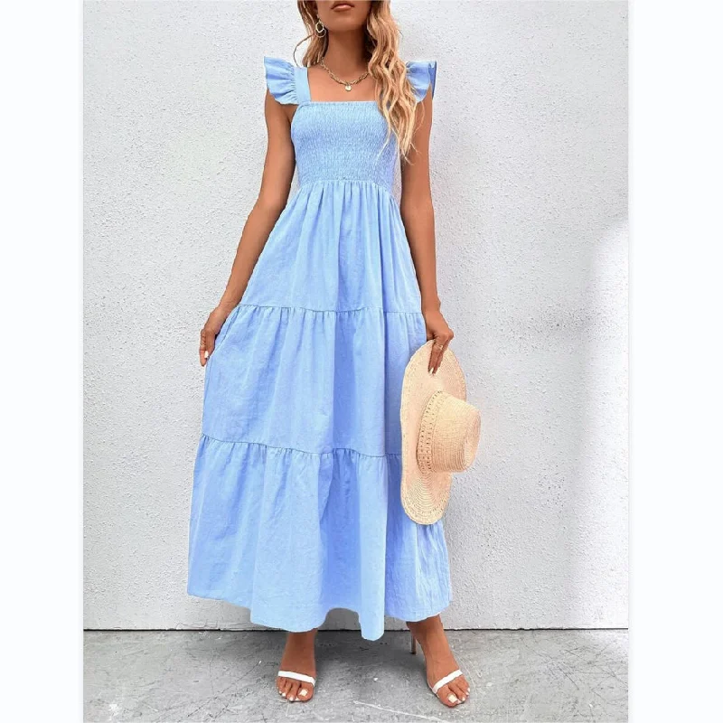Square Neck Swing Solid Color Sling Frill Dress Wholesale Dresses Polished Women's Silk Square Neck Swing Solid Color Sling Frill Dress Wholesale Dresses Polished Women's Silk