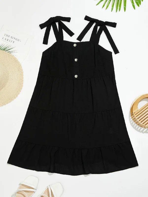 Boho Plain Ruffle Hem Sleeveless Straps Flounce High Waist Mini Plus Size Dress Youthful Women's Anime - inspired
