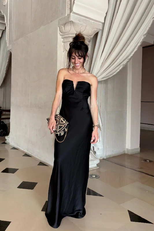 Valeria Black Strapless Satin Maxi Dress Confident Women's Power