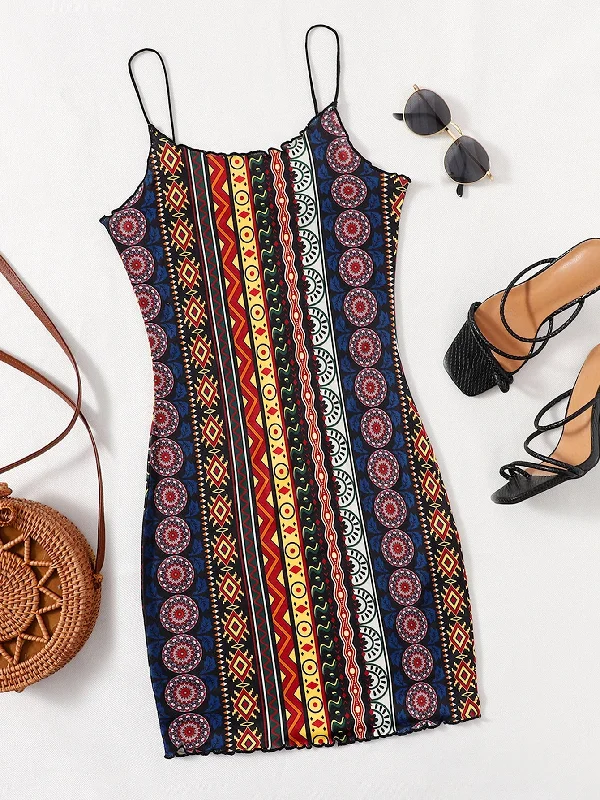 Tribal Lettuce Trim Sleeveless Spaghetti Strap Pencil Natural Mini Dress Business