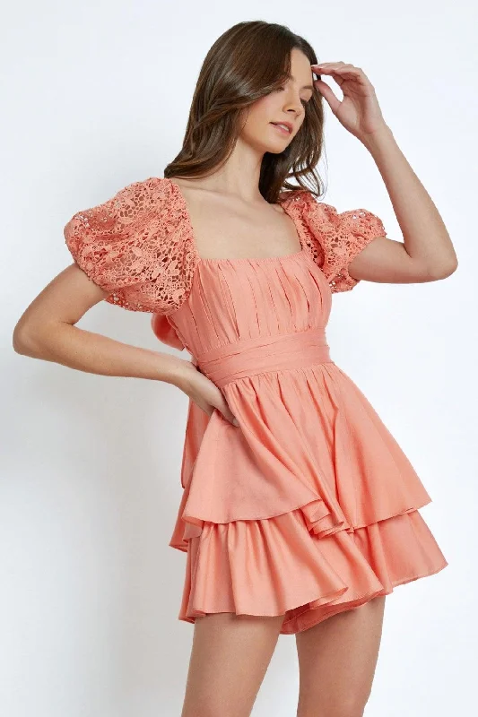 Lace Sleeve Back Tie Ruffle Tiered Mini Romper Dress garde