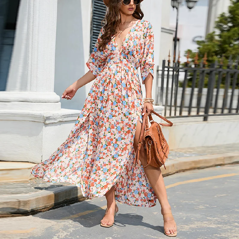 Sexy V-Neck Short Sleeve Floral Print High Waist Swing Dress Wholesale Maxi Dresses Sustainable Organic Sexy V-Neck Short Sleeve Floral Print High Waist Swing Dress Wholesale Maxi Dresses Sustainable Organic