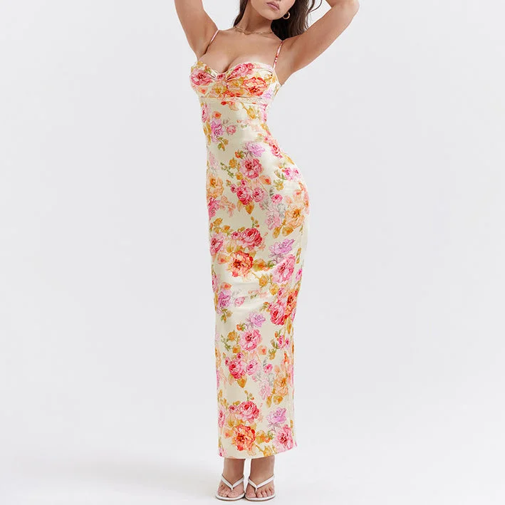 Sling Flower Print Pleated Slit Elegant Dress Wholesale Dresses Casual Women's Loose - fitting Sling Flower Print Pleated Slit Elegant Dress Wholesale Dresses Casual Women's Loose - fitting