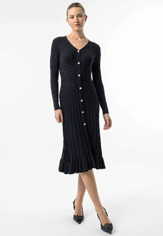 Black Knit Button Midi Dress with Ruffle Hem Feminine Women's Soft 