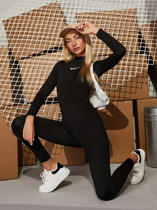 Casual Letter Long Sleeve Stand Collar Natural Long Women Jumpsuit Tough Women's Military - inspired Casual Letter Long Sleeve Stand Collar Natural Long Women Jumpsuit Tough Women's Military - inspired