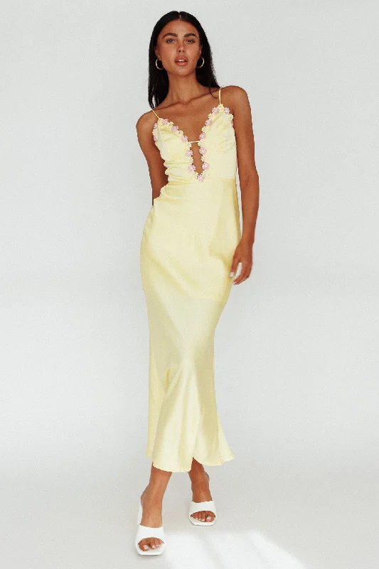 Honeysuckle Floral Neckline Midi Dress Lemon Practical Women's Quick - dry