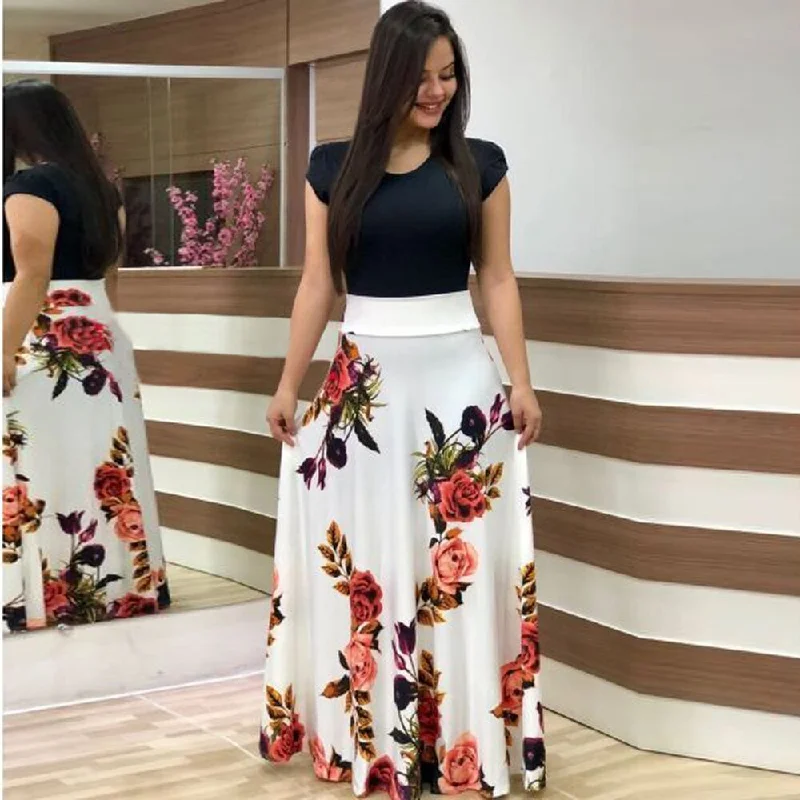 Stylish Floral Printed Splicing High Waist Long Dress Wholesale Dresses Artistic Women's Avant - Stylish Floral Printed Splicing High Waist Long Dress Wholesale Dresses Artistic Women's Avant -