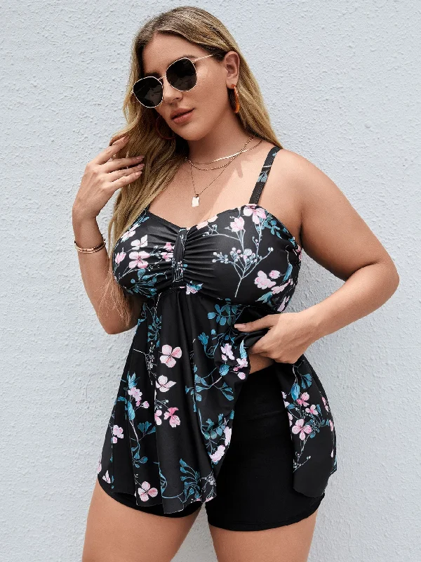 Boho Floral Ruched Spaghetti Strap Plus Size Tankini Practical Women's Multi - 