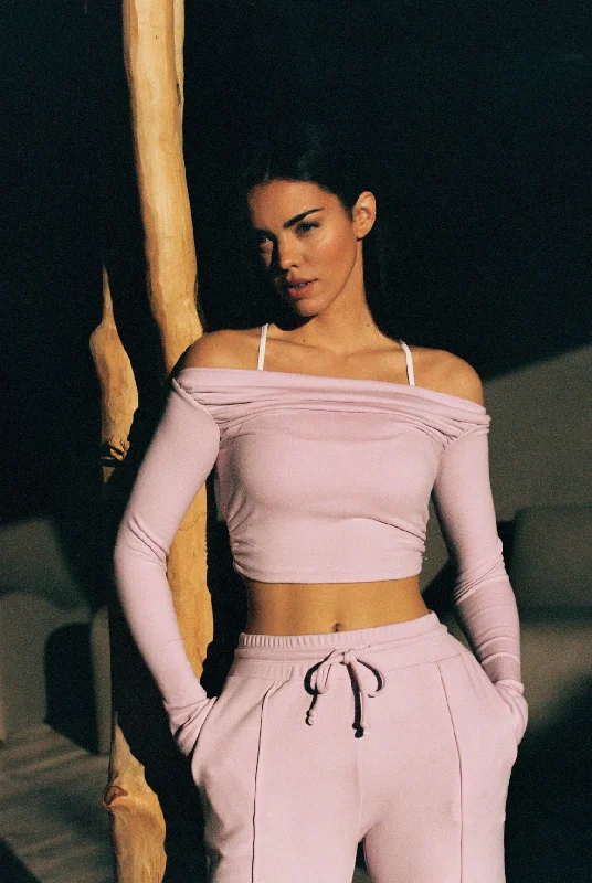 Off Shoulder Long Sleeve Pleated Crop Top Cool Women's Skate