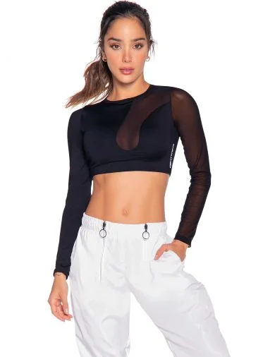 Babalu 9713 Mesh Inset Crop Long Sleeve Top Business