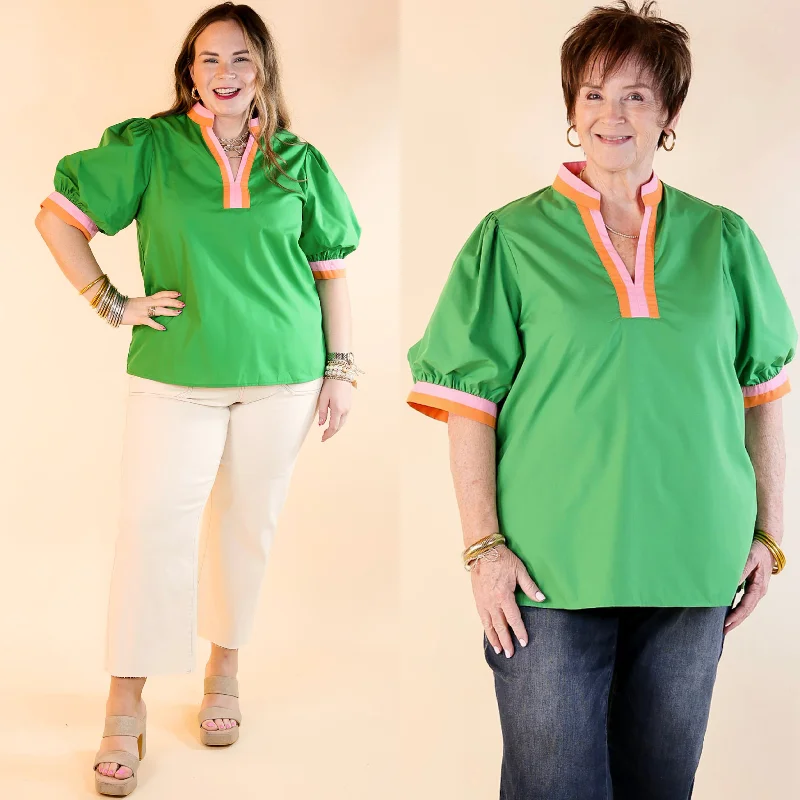 Standout Style V Neck Top with Short Balloon Sleeves in Green Practical Women's Quick - dry