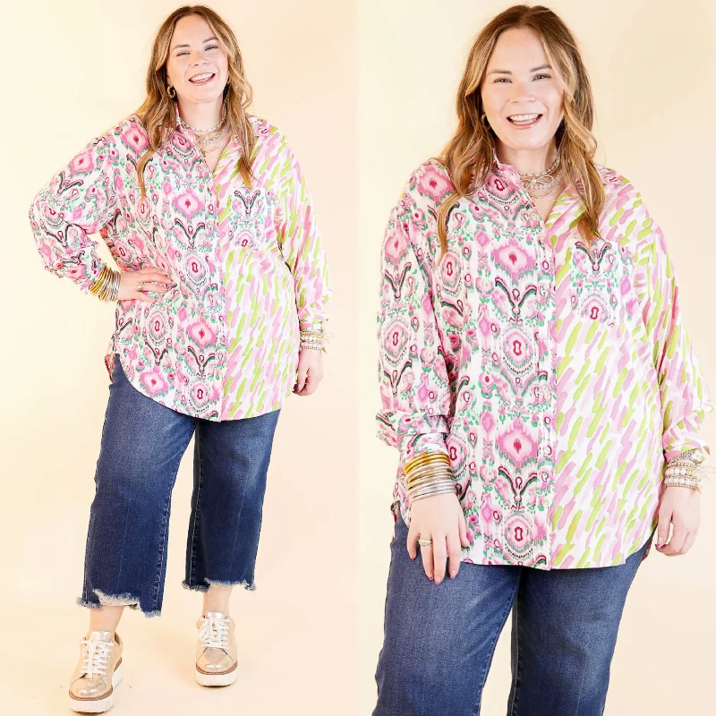 Sensational Flair Button Up Mix Print Top in Green and Pink Australian Beach