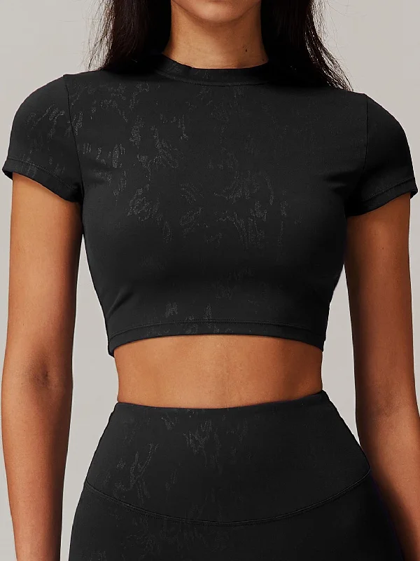 ZASUWA Female Hot Stamping Print Elastic Tight Quick Dry Short Sleeves Refined Women's Hand - crafted