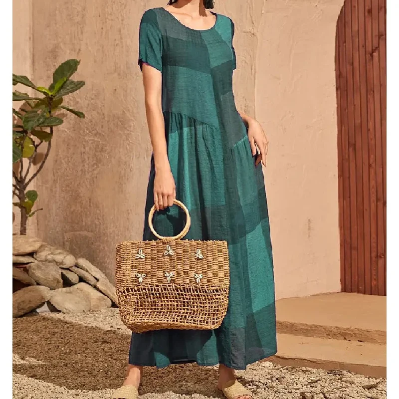 Retro Short-Sleeved Plaid Print Patchwork Loose Waist Pockets Long Dress Wholesale Dresses Modern Women's Retro Short-Sleeved Plaid Print Patchwork Loose Waist Pockets Long Dress Wholesale Dresses Modern Women's