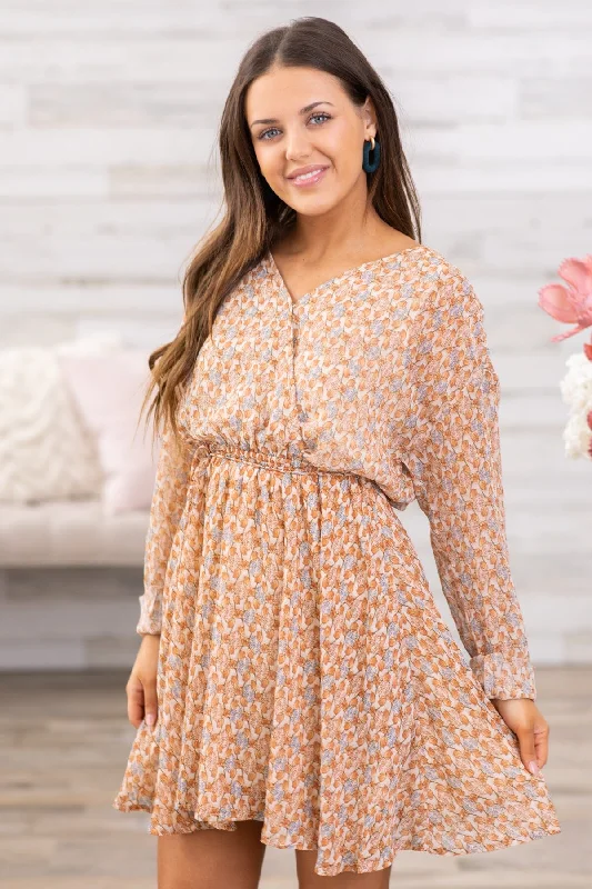 Tan Surplice Front Floral Long Sleeve Dress Sporty Women's Athleisure 