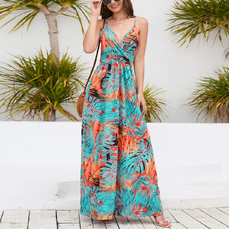 Hawaii Palma Printed Sexy V-Neck High Waist Sling Dress Wholesale Maxi Dresses Dapper Women's 1920S Hawaii Palma Printed Sexy V-Neck High Waist Sling Dress Wholesale Maxi Dresses Dapper Women's 1920S