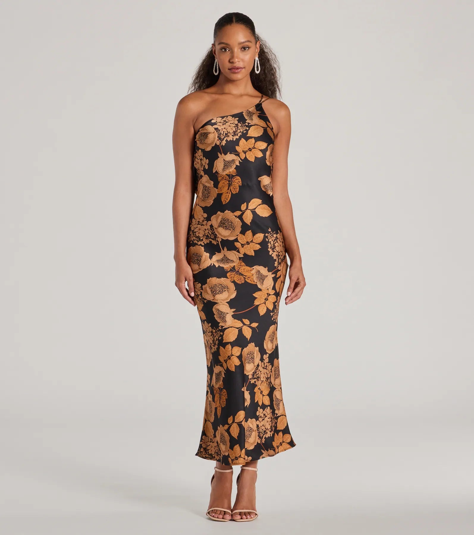 Sensational Sultry One-Shoulder Floral Satin Maxi Dress Monochromatic All - in - one