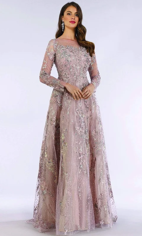 Lara Dresses - 29618 Illusion Long Sleeve Beaded Adorned Evening Gown European
