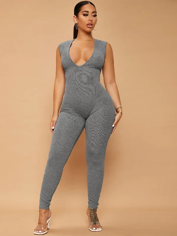 Casual Plain Rib-Knit Sleeveless Deep V Neck Natural Long Women Jumpsuit Unique Women's Upcycled Casual Plain Rib-Knit Sleeveless Deep V Neck Natural Long Women Jumpsuit Unique Women's Upcycled