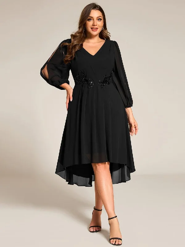 Warm Elise | Plus Size Flowy Long Sleeves V-Neck Waist Applique Midi Chiffon Wedding Guest Dress Edgy Women's Punk Warm Elise | Plus Size Flowy Long Sleeves V-Neck Waist Applique Midi Chiffon Wedding Guest Dress Edgy Women's Punk