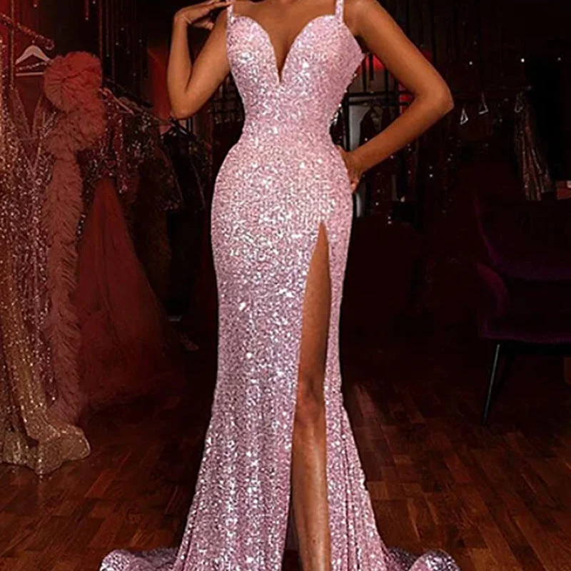 Sexy Split Sleeveless Sequined Halter Floor Length Gowns Wholesale Dresses Dynamic Women's High - energy Sexy Split Sleeveless Sequined Halter Floor Length Gowns Wholesale Dresses Dynamic Women's High - energy