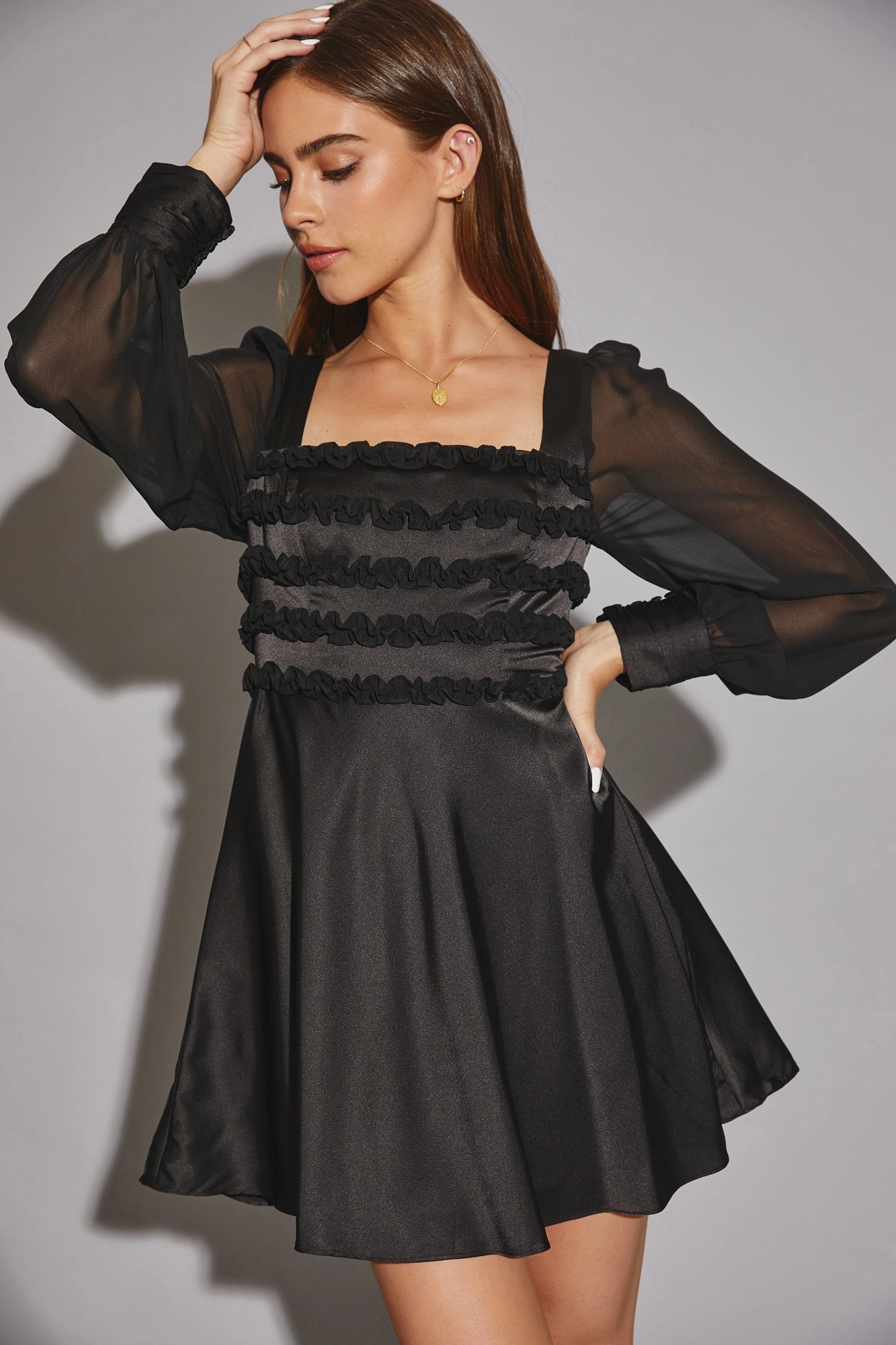 Satin Long Chiffon sleeve Ruffle Mini Dress Dapper Women's 1920S