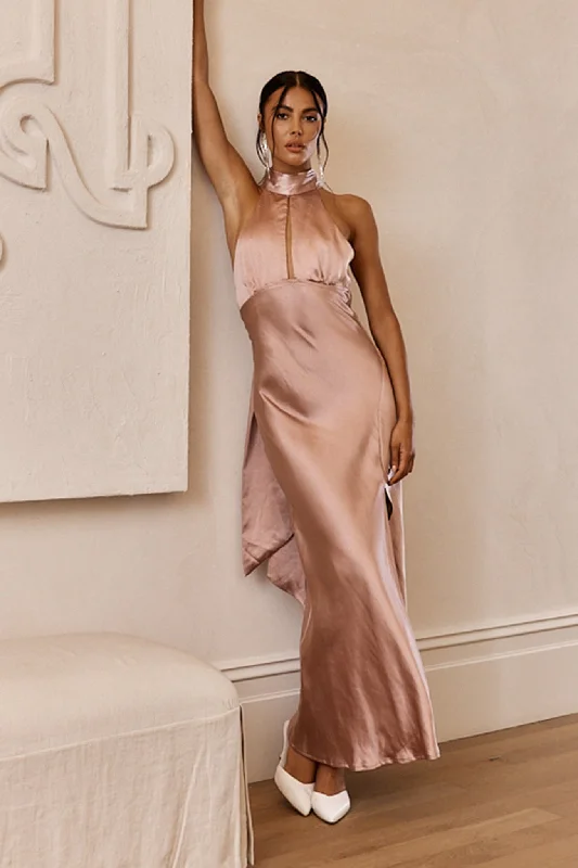 Lunar Eclipse Halterneck Satin Midi Dress Dusty Pink Stylish Women's Neon