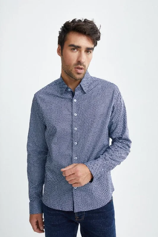 Blue Floral Geometric Print Stretch Woven Shirt Business