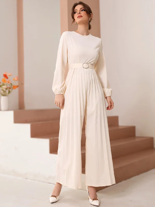 Elegant Plain Belted Long Sleeve Round Neck High Waist Women Jumpsuit Modern Women's Elegant Plain Belted Long Sleeve Round Neck High Waist Women Jumpsuit Modern Women's