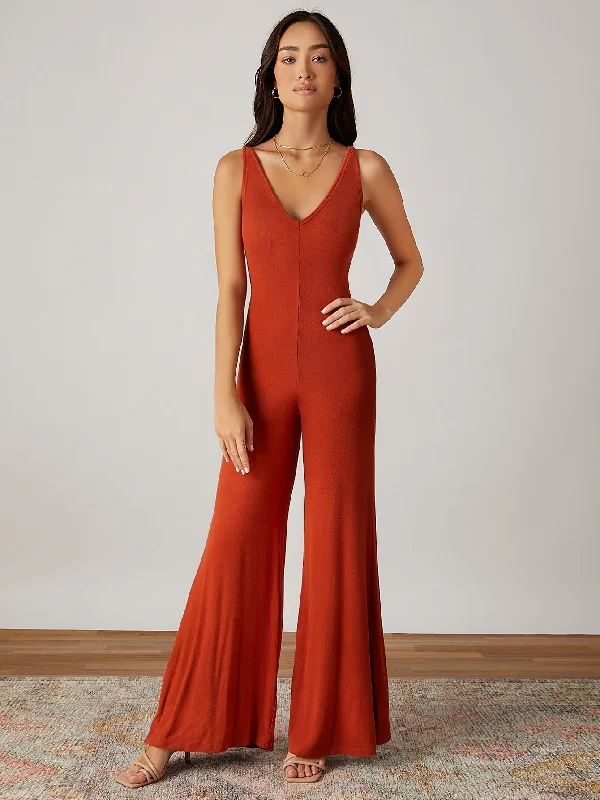 Elegant Plain Sleeveless Spaghetti Strap Natural Long Women Jumpsuit Cashmere