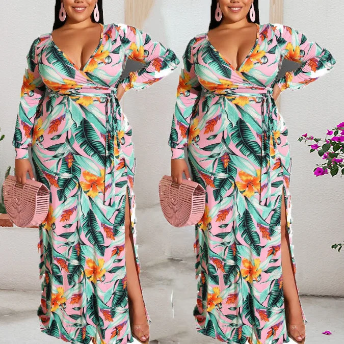 Wholesale Plus Size Clothing Elegant V-Neck Long Sleeve Printed Milk Silk Dress Streetwear Style for Wholesale Plus Size Clothing Elegant V-Neck Long Sleeve Printed Milk Silk Dress Streetwear Style for