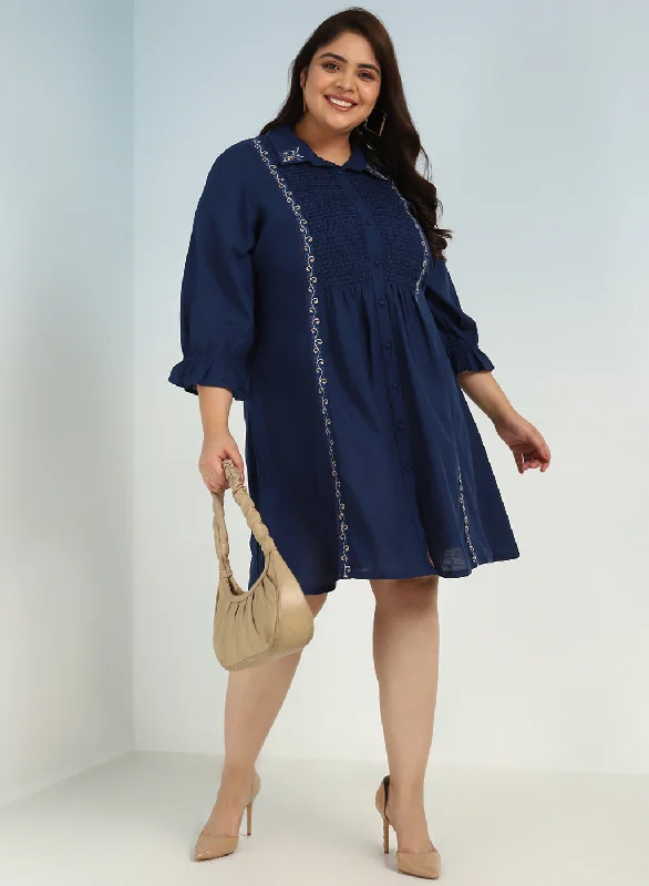 Blue A Line Tunic with Smocking Front and Classic Collar Bohemian Women's Free