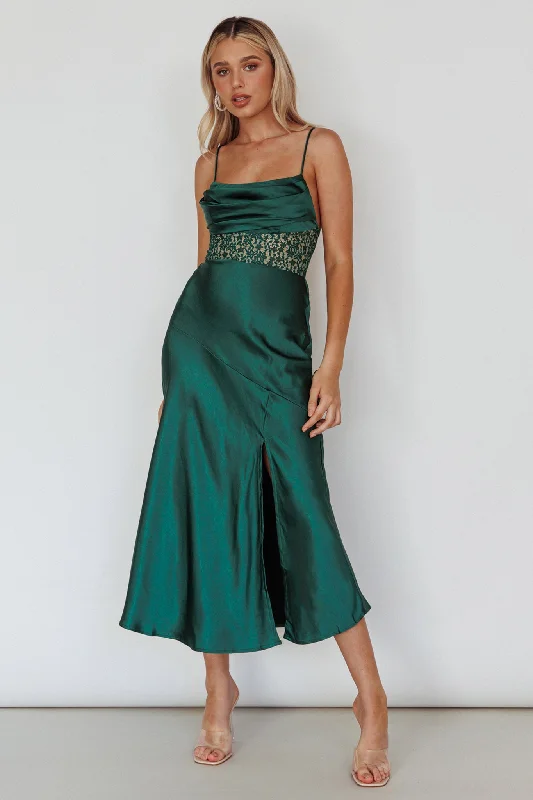 Golden Era Cowl Neck Lace Waist Midi Dress Jade Monochromatic Office Style