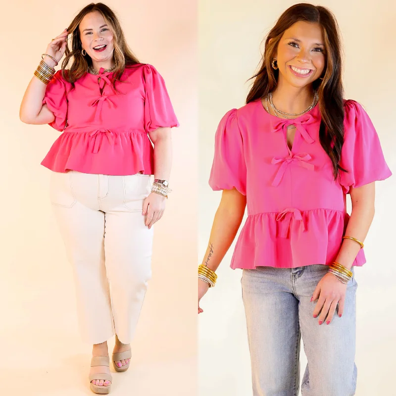 Simply Stunning Short Puff Sleeve Top with Bow Tie Detailing in Hot Pink Dynamic Women's High - energy