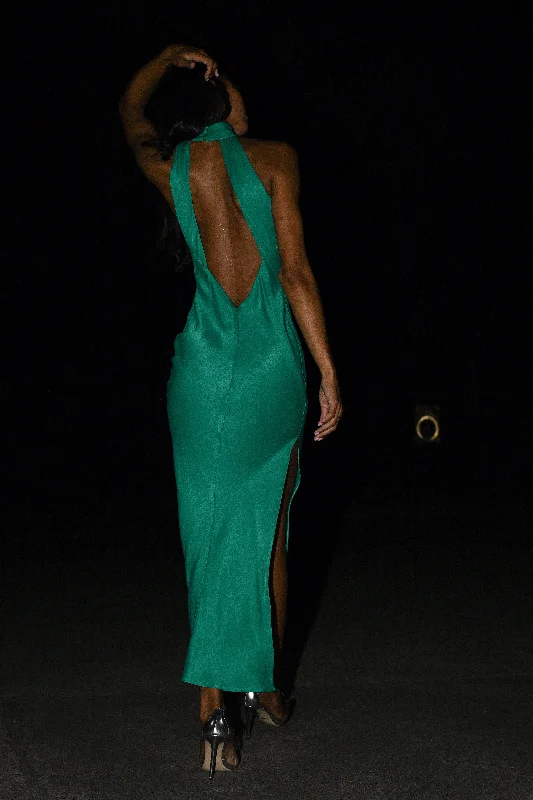 Claire Satin Drape Back Maxi Dress with Split - Green purpose