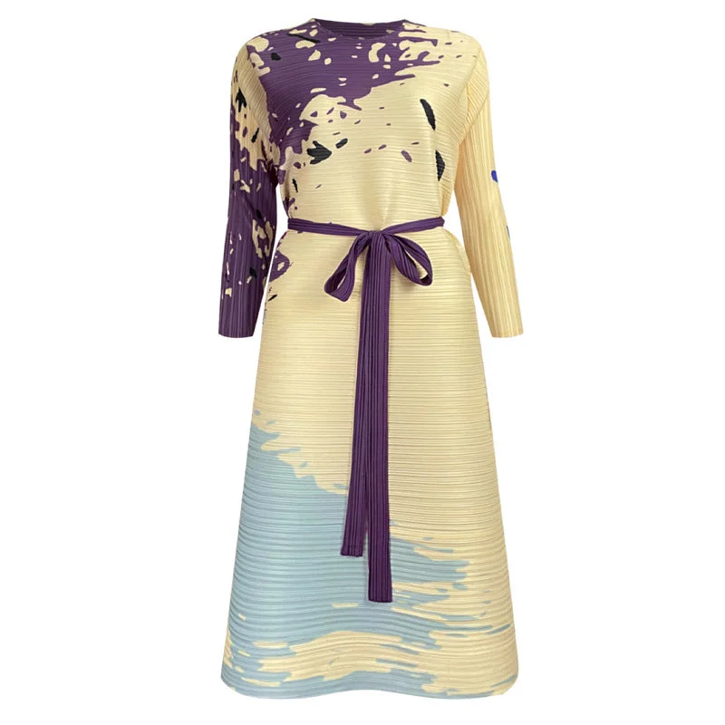 Fashion Printed Round Neck Long Sleeve Pleated Dress Wholesale Dresses Practical Women's Multi - Fashion Printed Round Neck Long Sleeve Pleated Dress Wholesale Dresses Practical Women's Multi -
