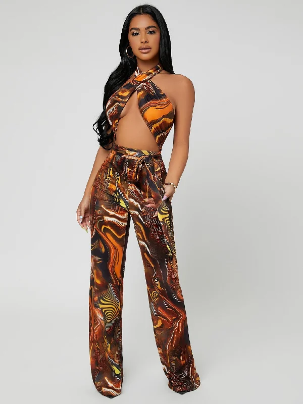 Sexy Zebra Stripe Tie Back Sleeveless Halter High Waist Long Women Jumpsuit Stylish Women's Neon Sexy Zebra Stripe Tie Back Sleeveless Halter High Waist Long Women Jumpsuit Stylish Women's Neon